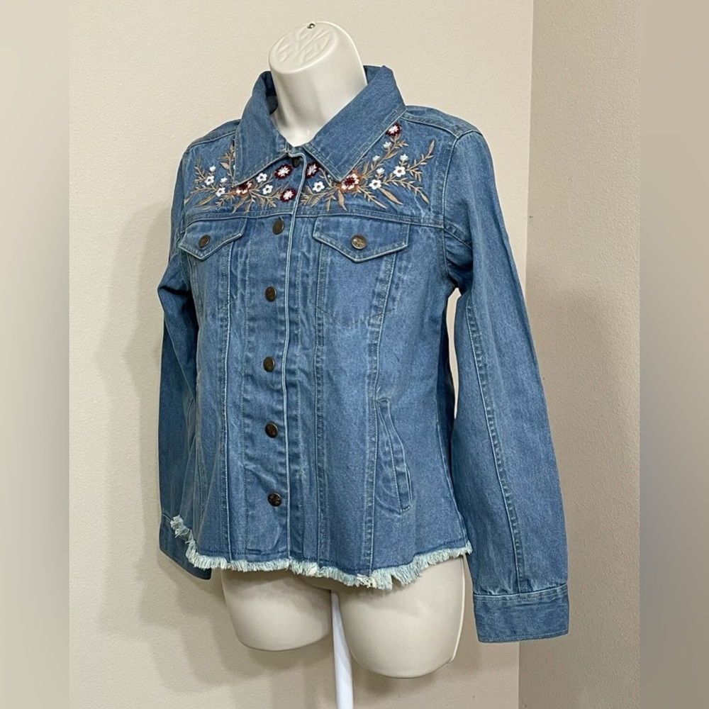 Keren Hart Women’s Blue Floral Embroidery Long Sleeve Button Up Denim Jacket s M - Picture 4 of 12